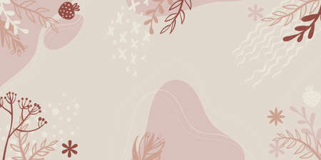 Horizontal background with doodle flower and leaves silhouette and abstract shapes and place for text. Banner with copy space and hand drawn decorative plant and trendy shapes in Scandinavian style.のイラスト素材