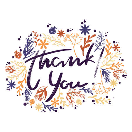 Thank you greeting card with doodle flower silhouette. Hand drawn postcard with slogan thank you and simple plants art. Vector illustration.のイラスト素材