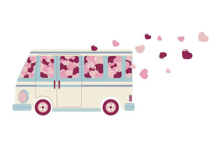 Vector hand drawn illustration of cute car or bus with pink and red hearts for Valentine's Day. Colorful van with flying hearts clip art in flat design? isolated on white background.のイラスト素材