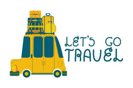 Travel by car. Vector cartoon illustration of colorful car with baggage and hand written slogan Let's Go Travel. Isolated on white background clip art.のイラスト素材