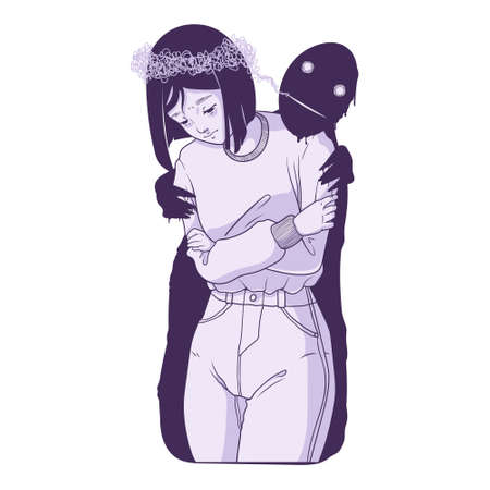 Young woman with depression and obsessive thoughts. Mental Health concept. Exhausted hand drawn cartoon character isolated on white background. Mental disorder vector illustration.のイラスト素材