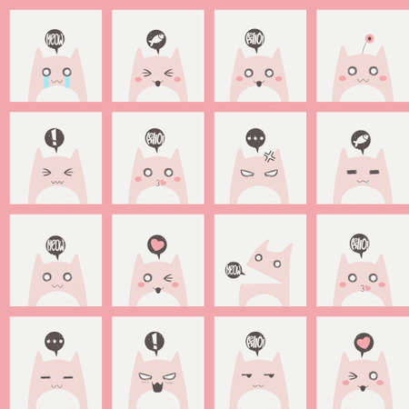 Seamless pattern with cute colorful cats with different emotion. Hand drawn cartoon kitten characters vector repeated background. Simple flat style design.のイラスト素材