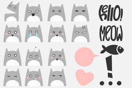 Hand drawn set with cute cat with various emotional in anime style and speech babble with different quote. Cute kitty collection clip art isolated in white backgeound.のイラスト素材
