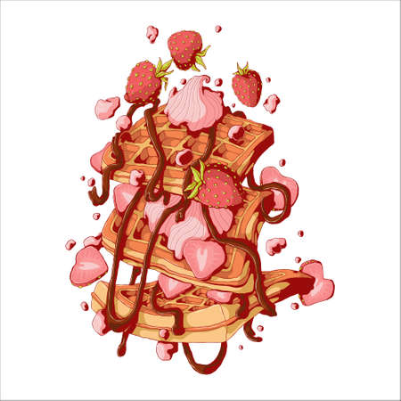 Hand drawn vector illustration of falling Viennese or Belgian waffles with strawberry, chocolate syrup and whipped cream in comix style, isolated on white background.のイラスト素材