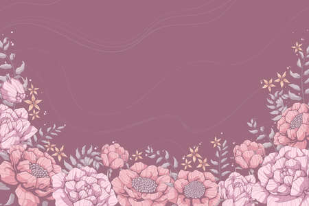 Horizontal background with pink roses, peonies and gray leaves. Banners template with floral motif. Place for text. Hand drawn vector illustration of flowers.のイラスト素材