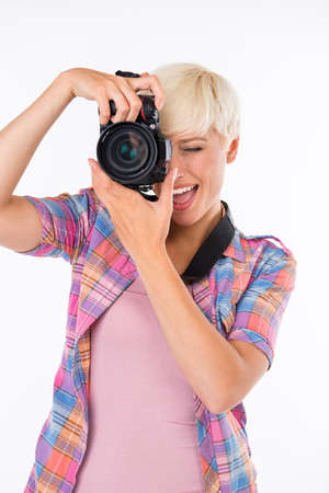 beautiful girl smiling and photographingの写真素材