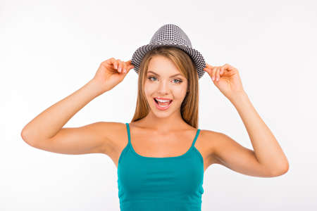 cheerful cute girl with hat smilingの写真素材