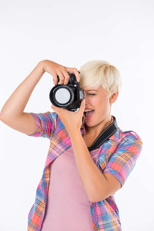 beautiful girl smiling and photographingの写真素材