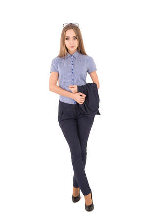 Young successful woman in a business suit on a white background.の写真素材