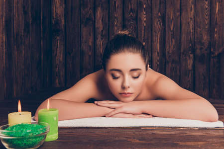 Portrait of  sensual  pretty woman relaxing on aromatherapyの写真素材