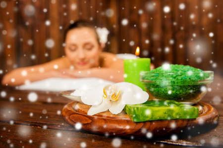 Pretty calm woman lying on aromatherapy, new year conceptの写真素材