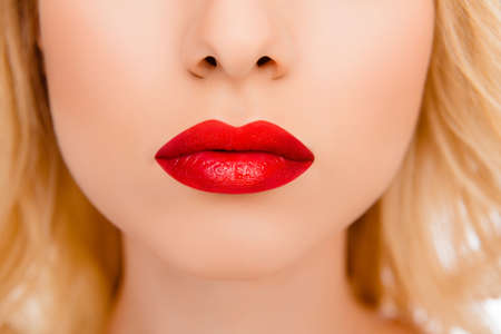 Close up of big sexy woman's red lipsの写真素材