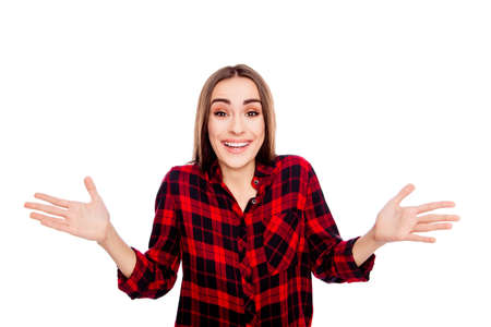 Unbeliveable! Happy cheerful surprised woman gesturing with handsの写真素材