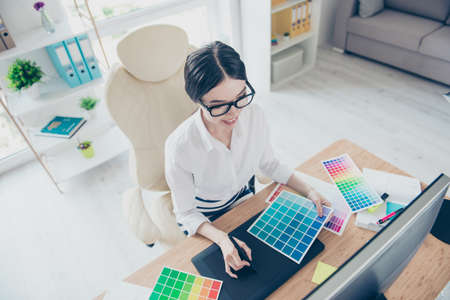 Graphic visual art creative design concept. Top view of creative work place of female animator in a...
