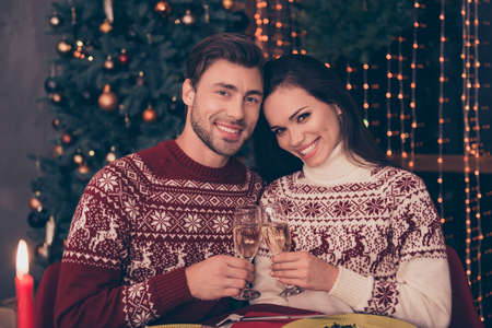 Festive friends with stemware of martini embrace sitting at x mas fest, in knitted cute traditional x mas costumes with ornament, enjoy, firtree, garland, night, candle, sparkles, true feelingsの写真素材
