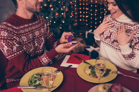 Romance, happiness, magic feast. Close up cropped shot of guy making proposal on x mas night, while having green plates of yummy tasty salads, stemware of sparkling-wineの写真素材