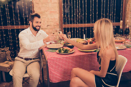 Festive married youth enjoy with stemware of martini, so excited, elegant classy, checkered table cloth, december, garlands on windows, desktop setted with yummy tasty dishes, treatsの写真素材