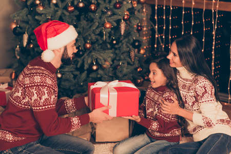 Festive gathered christmastime happiness, togetherness mode. Three cheerful excited relatives, married couple, dad in headwear, small girl receive wrapped gift with bow tape, traditional costumesの写真素材