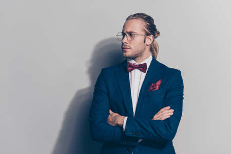 Portrait of elegant bearded man in spectacles, blue jacket, white shirt  with red bow-tie, pocket square and tail  standing with crossed hands, half turned face to the side over grey backgroundの写真素材