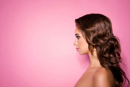 Women beauty and health, wellness, make up, pampering concept. Gogreous, charming, pretty, hot naked lady with attractive healthy smooth skin, so shiny, clean and pure, wavy nice hair doの写真素材