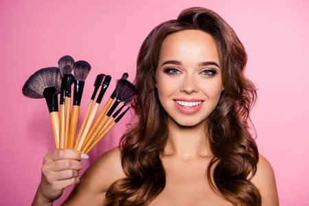 Decorative cosmetics, pampering, healthcare perfection concept. Close up of cheerful nude gorgeous...