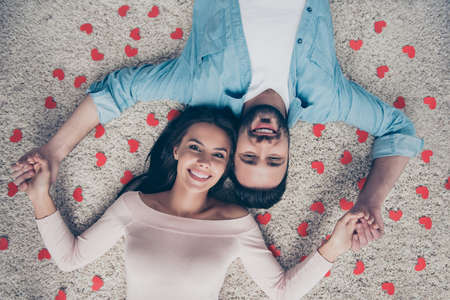 I love you. Top above view close up photo of excited cheerful joyful amazing beautiful man and...