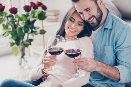 Concept of spending holidays weekends together. Cropped close up photo of attractive excited peaceful cheerful woman and bearded dressed in casual clothes man are clinking and saying toastsの写真素材