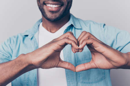 Declaration of love concept! Cropped close up view photo of cheerful loving sincere joyful charming...