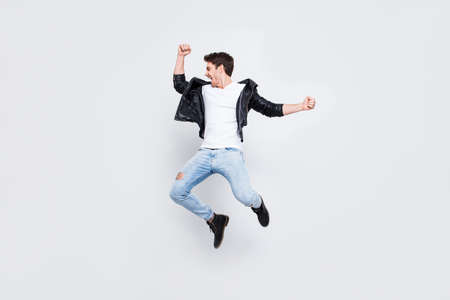 Full-length full-size photo People leisure lifestyle craziness concept. Charismatic energetic...