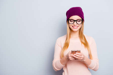Portrait of trendy style stylish  smart clever excited cute lovely cute sweet teenage girl with long...