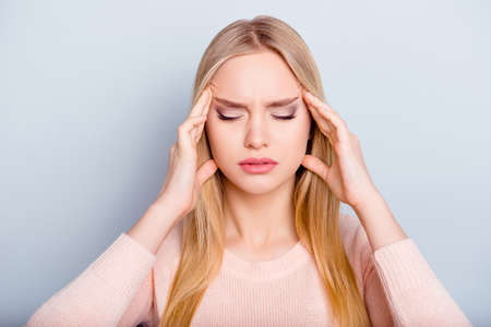Education sick unwell university lifestyle spasm people person concept. Close up portrait of sad...