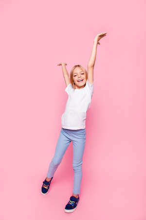 Full-length full-size vertical portrait of careless cute lovely sweet tender gentle cheerful excited...