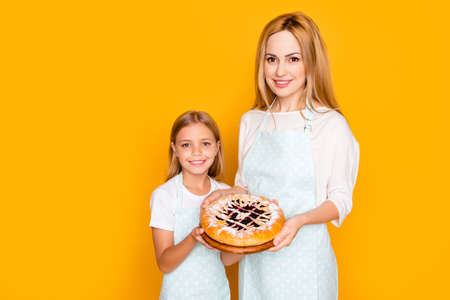 Upbringing blonde generation two self-made concept. Portrait of lovely charming beautiful cute tender gentle mom and kid holding in hands pie with jam powdered sugar isolated backgroundの写真素材