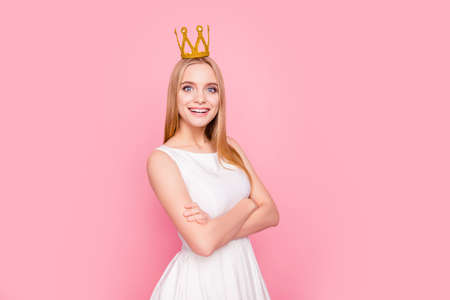 Cosmetics beaming tender gentle model success toothy trendy white people dress cocktail leadership respect concept. Portrait of cute confident lovely excited girl with folded arms isolated backgroundの写真素材