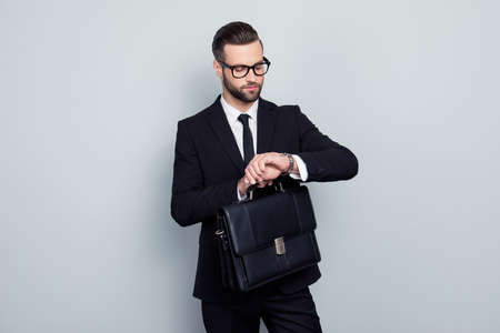 Employment executive handbag lawyer politician people style leadership concept. Stylish punctual impatient smart responsible rich luxurious elegant classic classy man isolated on gray backgroundの写真素材