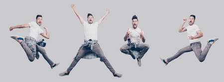 Funky joy concept. Collage picture of different pose of cheerful cool funny punk man expressing happiness, jumping, having fun, yelling tongue-out wearing casual clothes, isolated on gray full-lengthの写真素材