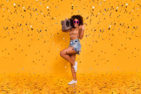 Turn the volume up! Full-length of cool crazy brash restless sleepless swag noisy mulato woman...