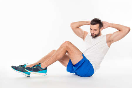 Full size portrait of active, athletic, sporty, attractive, confident, concentrated guy making,...