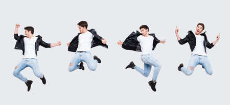 Funky joy concept. Collage picture of different pose of cheerful cool funny punk man expressing happiness jumping having fun yelling wearing casual clothes, isolated on white background full-lengthの写真素材