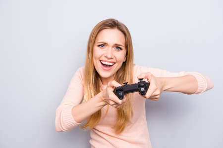 Portrait of cheerful joyful rejoicing delightful pretty with long blonde hairstyle teen age girl...