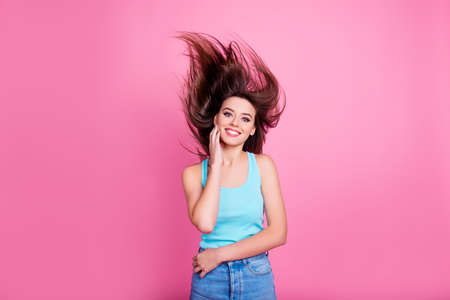 Portrait oh cute lovely excited cheerful delightful beautiful attractive girl wearing blue t-shirt...