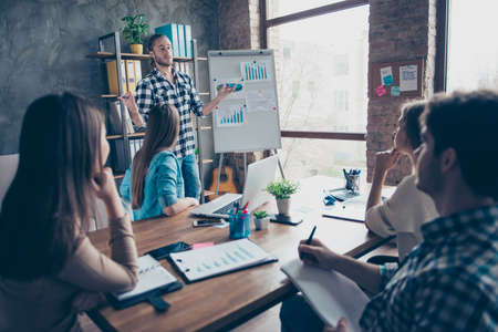 Photo of business concept. Corporate people sitting at conference training, planning, learning,...