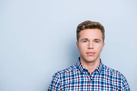 Close up portrait of serious focused handsome leader attractive concentrated confident clever...