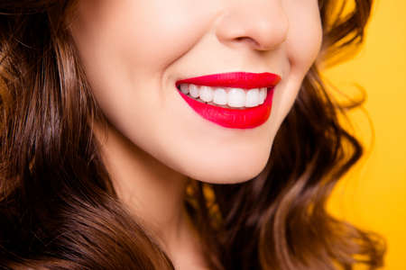 Closeup cropped half face portrait of half-turned lady with beaming smile white healthy teeth having...