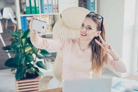 Fashion beauty style stylish trend education studying casual outfit white people person concept. Portrait of lovely cute confident playful attractive agent lady taking selfie on brand new mobilephoneの写真素材