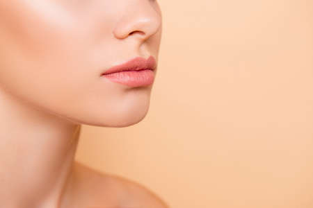 Closeup half face portrait of attractive, nude, natural, perfect, ideal girl with soft, healthy...