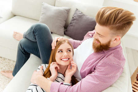 Happiness wife husband chill jeans tenderness gentle touch head concept. Overhead view photo of...