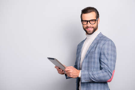 Portrait with copy space, advertisement concept,  virile, attractive, stunning man in glasses having...
