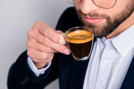 Cropped close up photo of successful elegant handsome bearded mustache glasses spectacles eyewear...