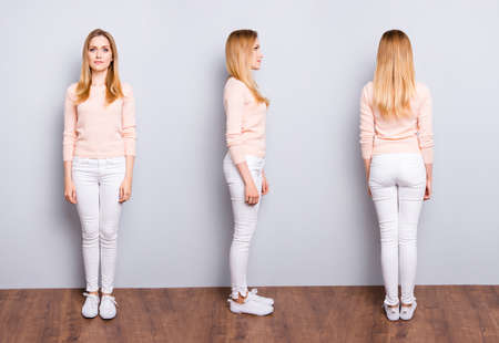 Collage from three sides of charming pretty modern trendy confident woman in white pants sweater sneakers standing on wooden floor over grey backgroundの写真素材